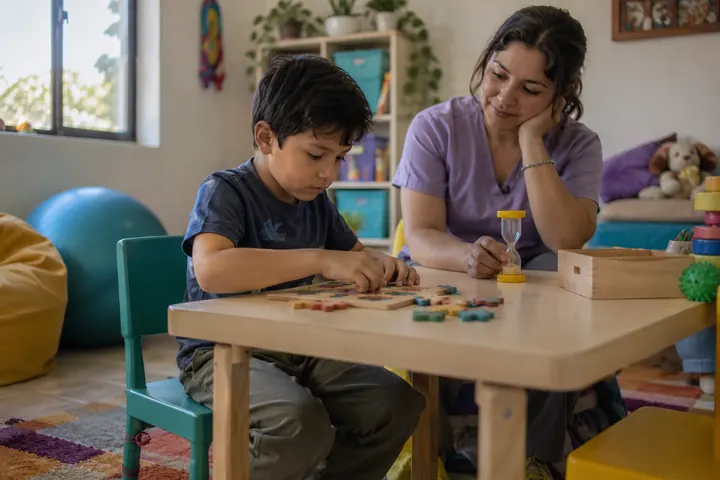 Un niño arma un rompecabezas mientras la terapeuta marca el tiempo con un reloj de arena