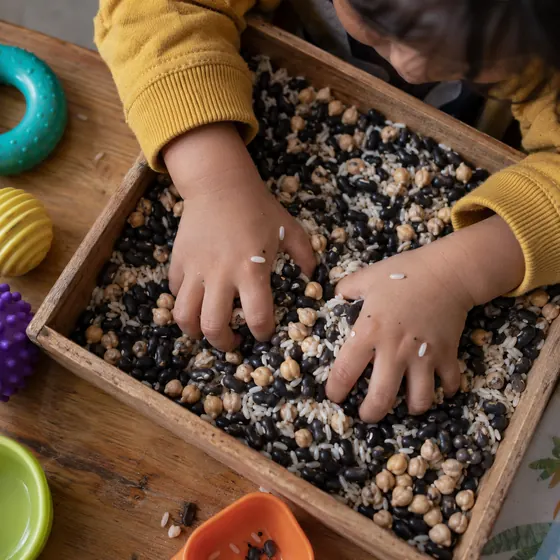 Manos de un niño exploran una charola con frijoles, arroz y garbanzos
